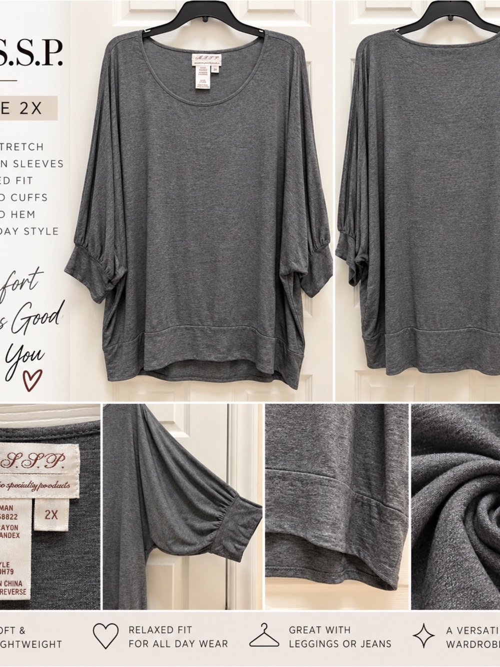 M.S.S.P. Gray 2X Oversized Dolman Sleeve Tunic Top Soft Stretch
